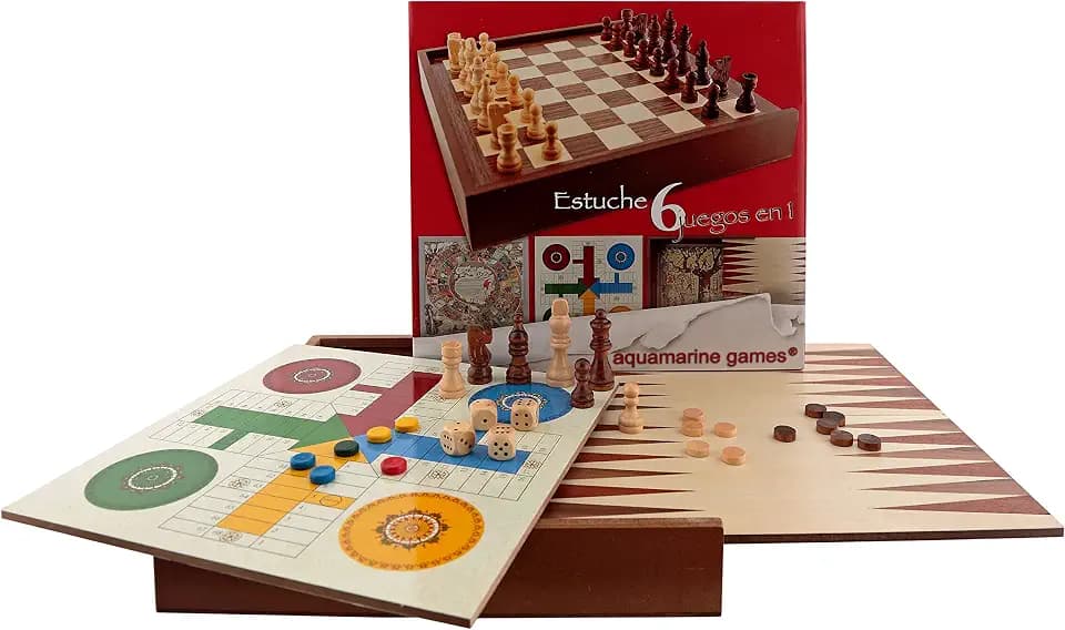 Aquamarine Games - 6 Klassische Spiele: Schach, Damen, Backgammon, Oma, Patch, Leiter, 1 Spieler (CP030)