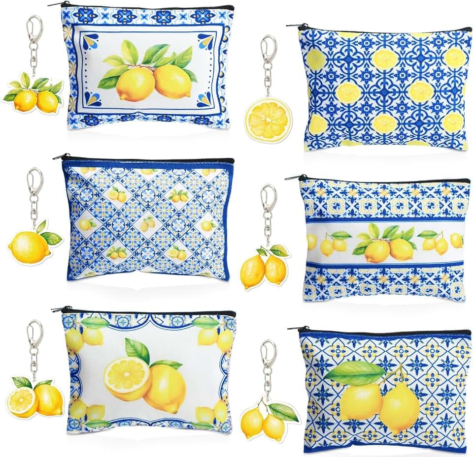 6 Sets Italian Lemons Makeup Bags, Amalfi Coast Cosmetic Bag with Keychains Romantic Lemon Themed Canvas Makeup Bags Travel Pouch Souvenir Gifts for Women Girls Bachelorette Besties Bridesmaid
