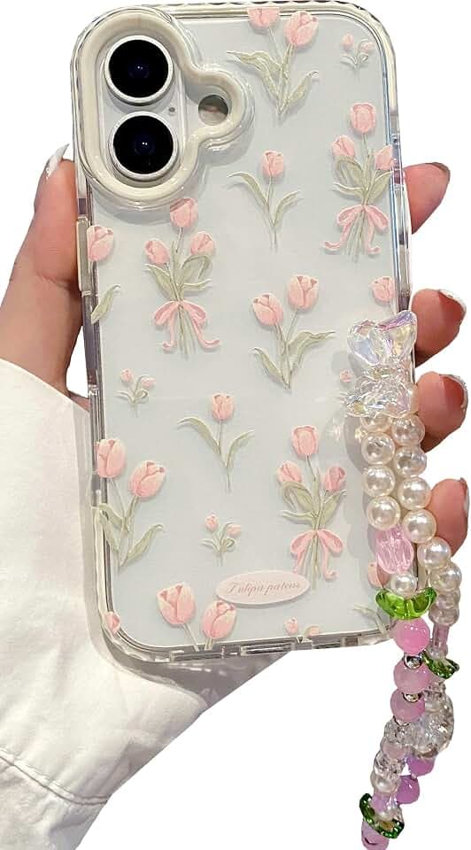 JANDM for iPhone 13/14 Case with Flowers Strap, Clear Pink Tulip Floral Pattern with Cute Pearl Leaf Charm Wrist Keychain, Soft Women Girls Shockproof Protective Cover
