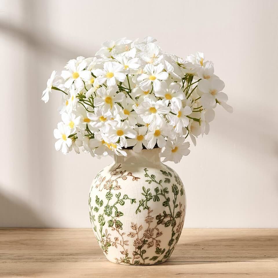 SIDUCAL Ceramic Green and Beige Antique Vase, 5.83 Inch Retro Ice Cracked Chinoiserie Floral Vase, Rustic Farmhouse Vases for Home Decor, Bookshelf, Office, Garden, Chinoiserie Decor, Tuscan Decor