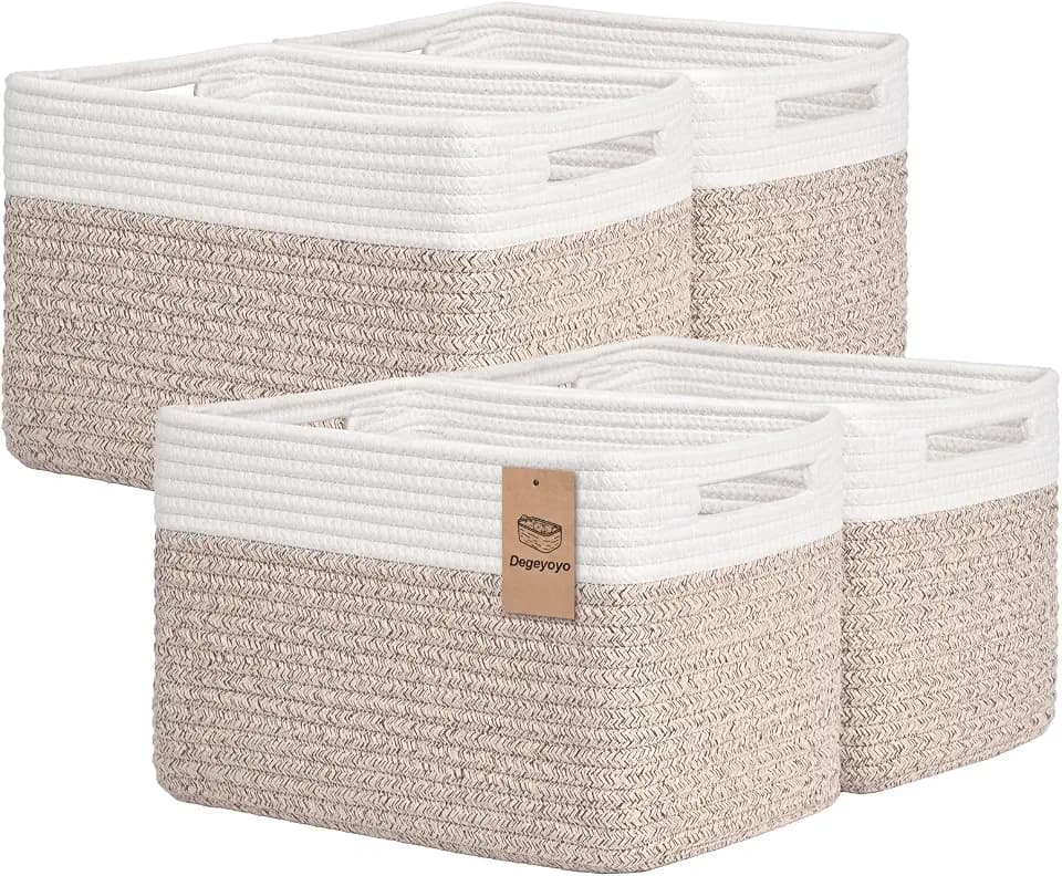 Storage Baskets for Organizing, 4 Pack Baskets for Shelves, Decorative Storage Bins for Shelves, Cotton Rope Storage Basket with Handles, Woven Basket for Storage, 13''Lx8.7''Wx7.9''H, White & Brown