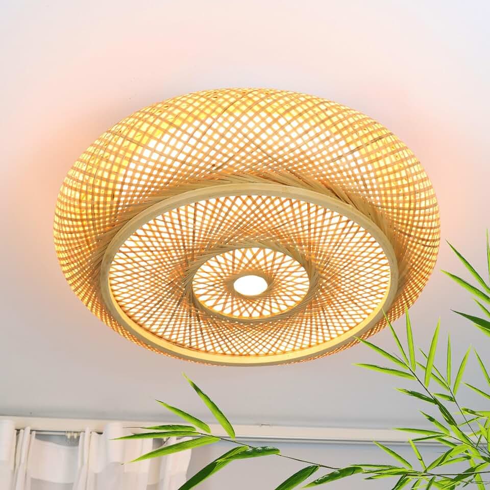 AOEH Deckenleuchte Bambus Deckenlampe LED Holzlamp Fernbedienung Dimmbar Bambus Handgewebte Natürlicher 50W Retro Deckenlampe Rattan,Rund Decke Bambuslampen Für Schlafzimmer Wohnzimmer Flur,50cm