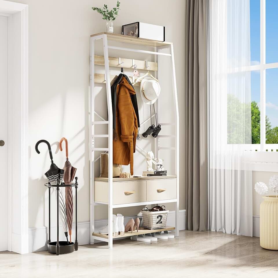 YITAHOME Garderobenständer mit Schuhbank Schuhregal, 8 Haken, Weiß & Eiche