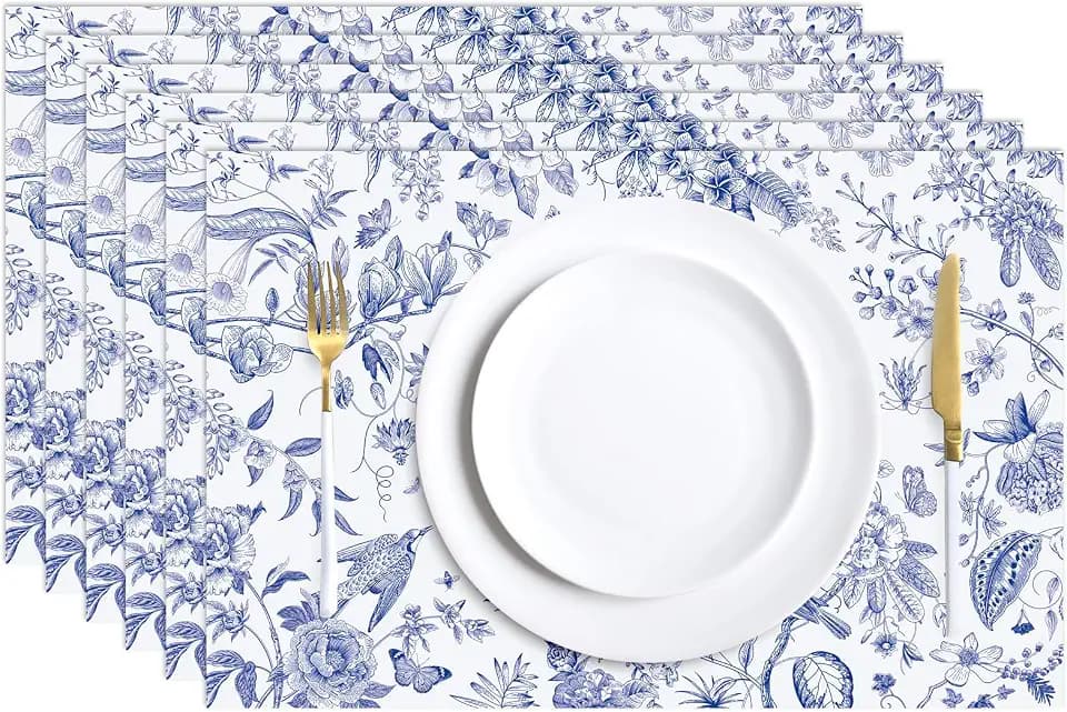 JarThenaAMCS 50 Sheets Spring Summer Blue Floral Paper Placemats Chinoiserie Vintage Flower Bird Disposable Place Mats Rectangle Table Mats for Wedding Dining Party Table Decor Supplies, 11 x 17 Inch