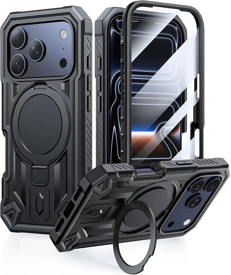 FNTCASE for iPhone 17 Pro Case with Magnetic Kickstand Black
