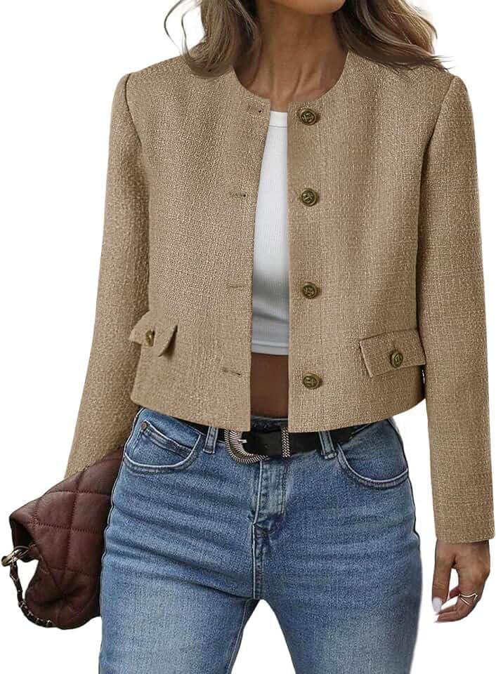 Cicy Bell Womens Cropped Tweed Blazer Collarless Button Down Bomber Jacket