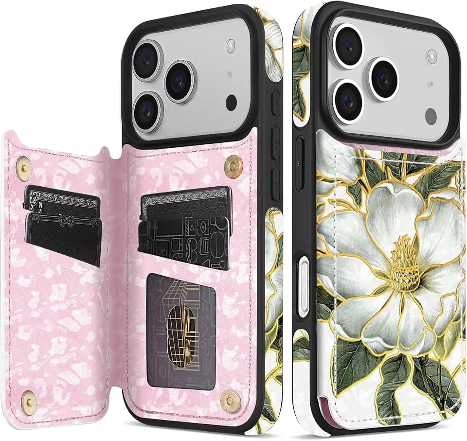 NNH for iPhone 18/17 Pro Max Wallet Case Double Magnetic,Magnolia Flowers