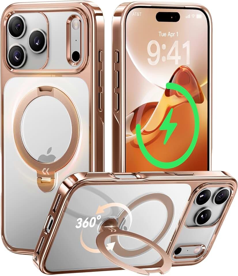 CASEKOO Glossy Rose Gold 360 Spin Magnetic Stand for iPhone 17 Pro Case