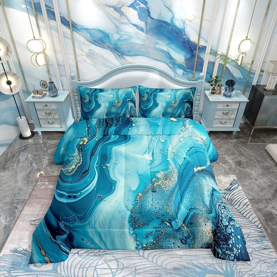 Erosebridal Marble Comforter Set,Teal Blue Marble Down Comforter Gold Liquid Quicksand Design Quilted Duvet,Turquoise Decorative 2 Piece Bedding Set with 1 Pillow Sham,Twin Size