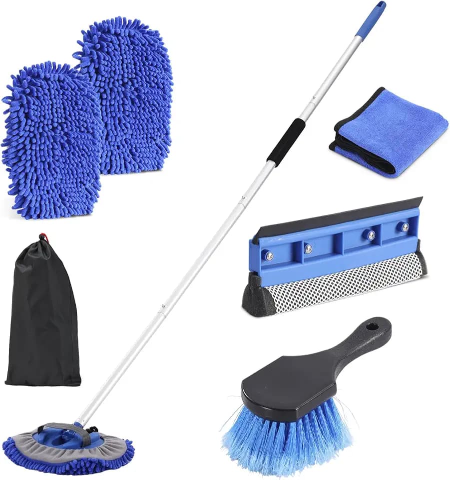 Car Wash Brush with Long Handle, 60'' Car Wash Mop, 7Pcs Chenille Microfiber Cars Washing Kit with Window Squeegee/Microfiber Towels /Wheel Brush for Cars RV Truck Boat Floor Window, Blue