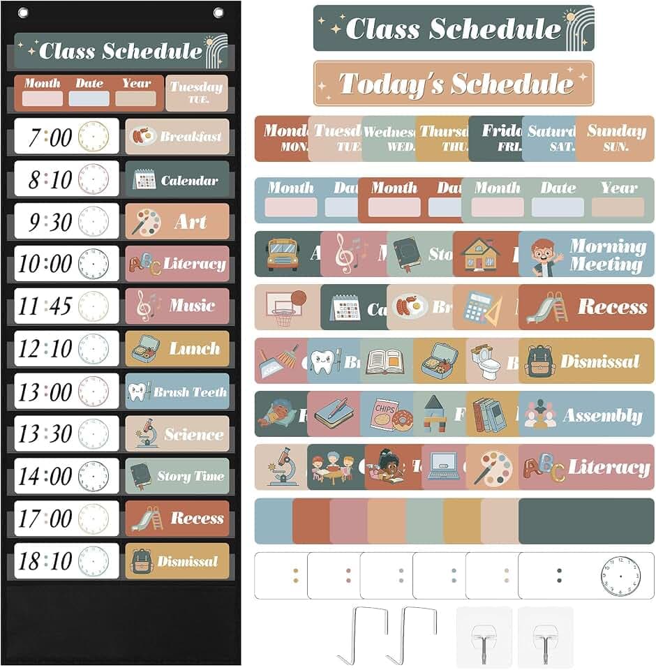 Funrous Daily Schedule Pocket Chart with 82 Cards, Linen Wall Hanging Organizer for Welcome Back to School Classroom Decorations Homeschool Visual Planner Routine Calendar(Modern)