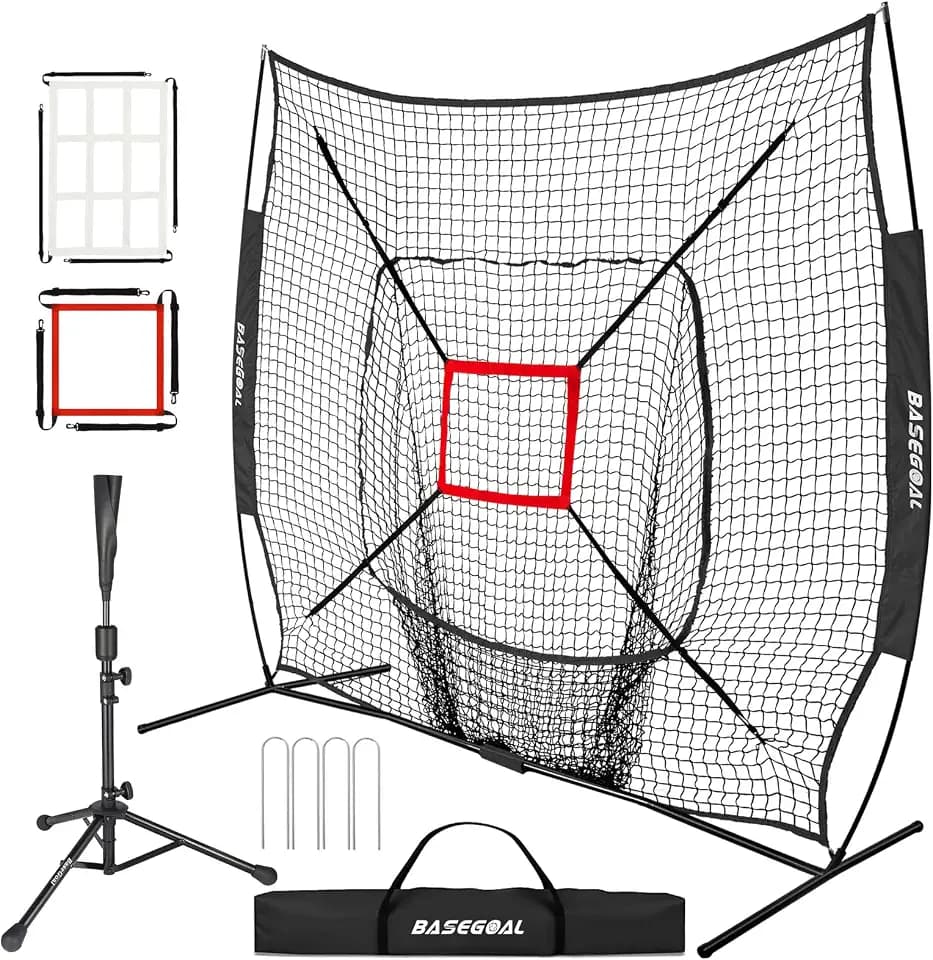 BaseGoal 7x7ft Baseball Practice Net with Batting Tee and Strike Zone