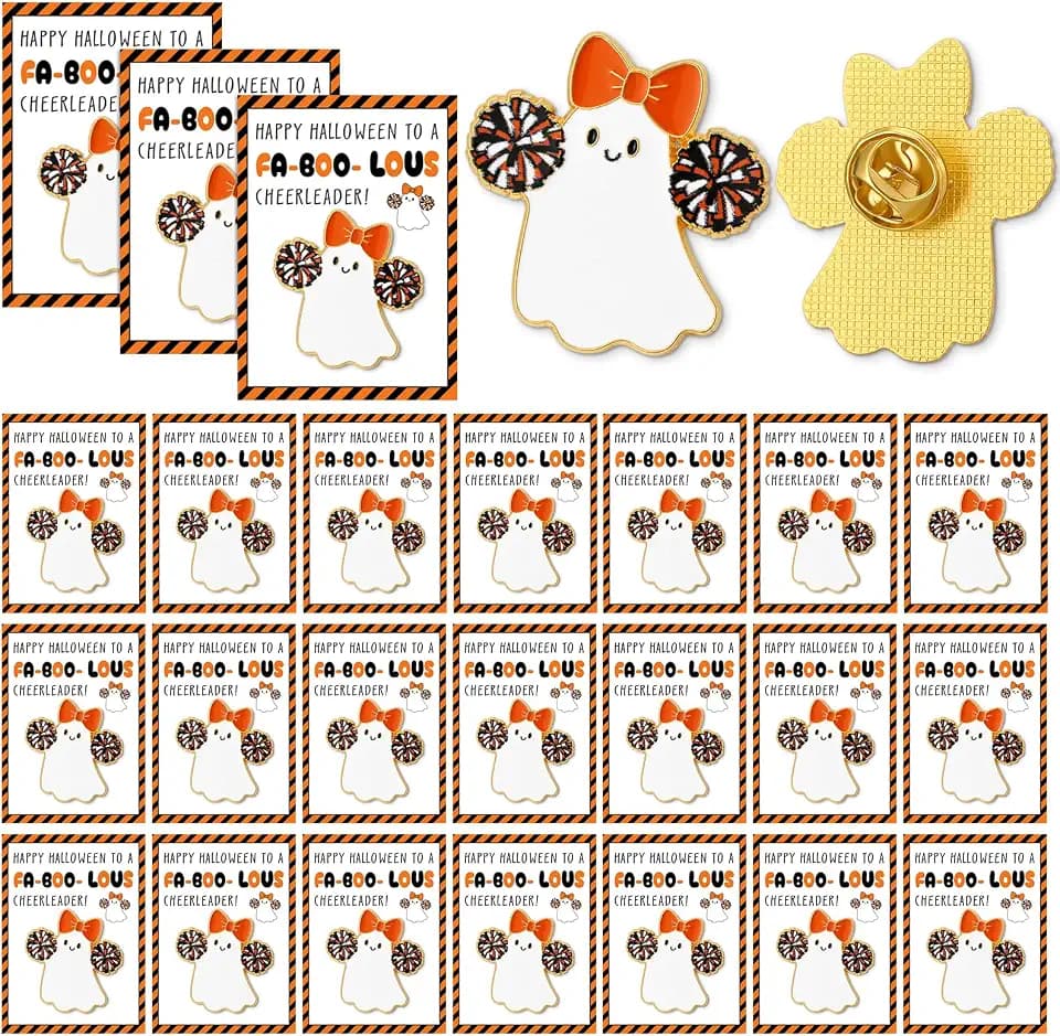 Sureio 24 Pack Halloween Cheer Team Gifts Bulk Cheer Ghost Pins Brooches Boo Basket Stuffer Halloween cheerleaders Team Inspirational Gift Accessories for Teammates