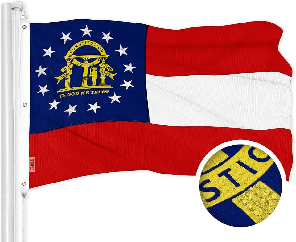G128 Georgia GA State Flag | 6x10 Ft | ToughWeave Series Embroidered 600D Polyester | Embroidered Design, Indoor/Outdoor, Brass Grommets