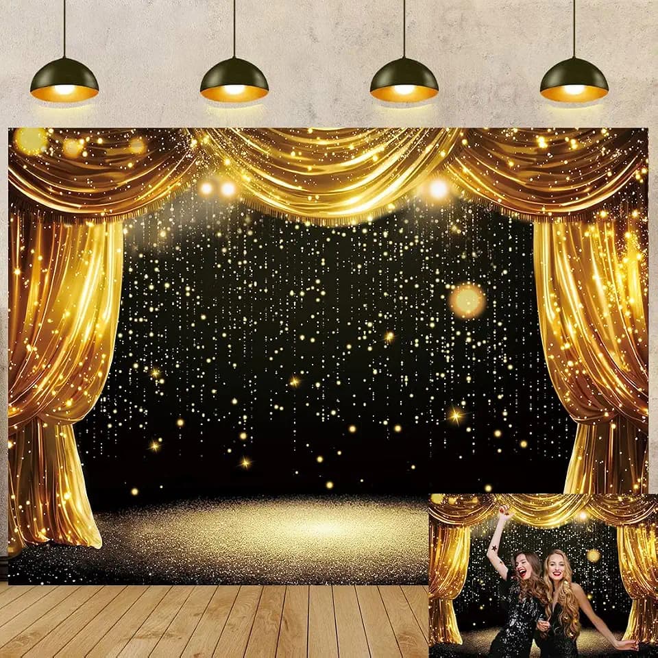 Black Gold Backdrop Black Gold Curtains Glitter Spots Theater Stage Photography Background Adults Kids VIP Carnival Graduation Prom New Year Birthday Party Decorations Banner Photo Props (7x5FT)
