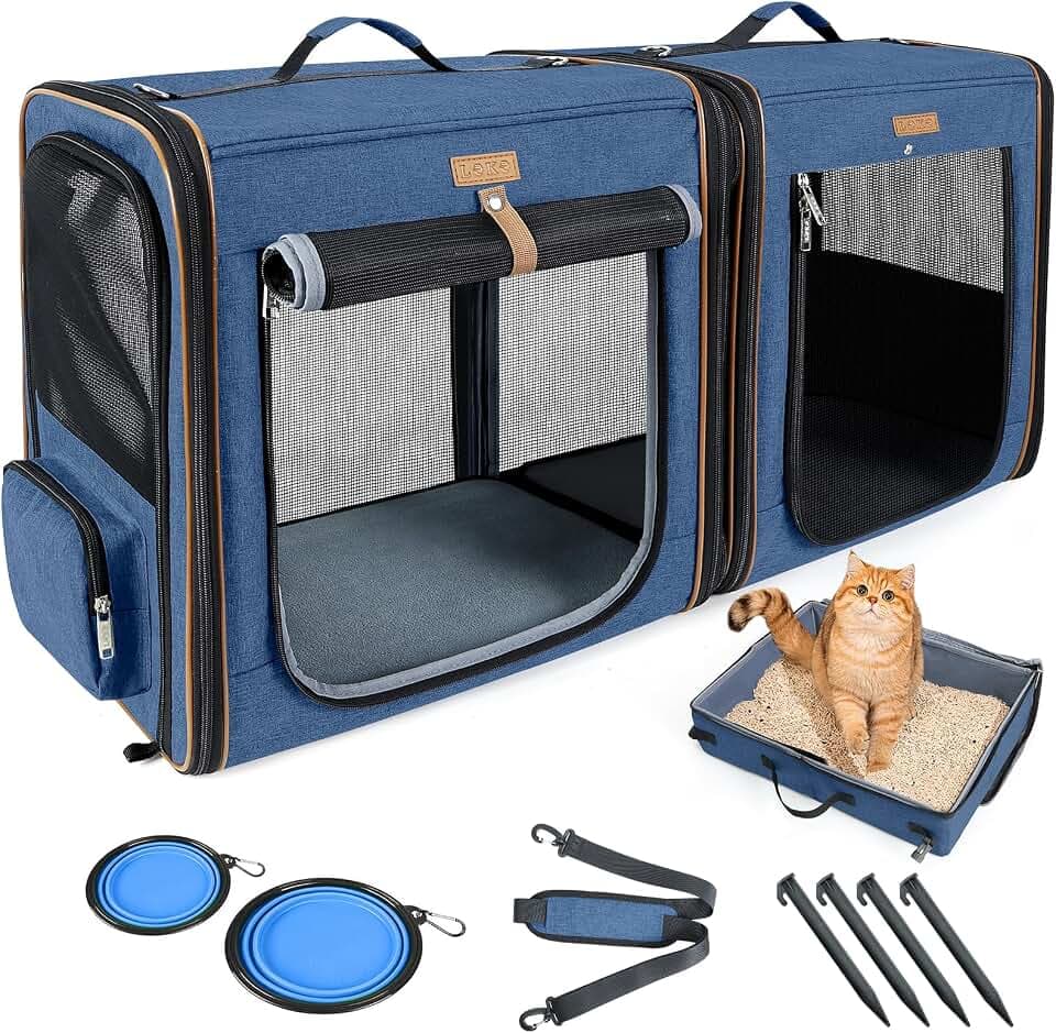 Lekereise Large Cat Carrier for 2 Cats, 2-in-1 Cat Travel Carrier with Litter Box, (17.7" x2) x16.5"x13" Pet Carrier with Zipper Locks for Moving Across The Country (No Hammock) - Blue