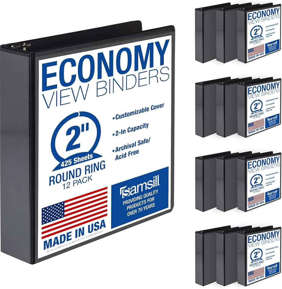 Samsill 2 Inch 3 Ring Binders, Economy Round Ring, Clear View Cover, 425 Sheet Capacity - for School, Home, Office - Black, 12 Pack