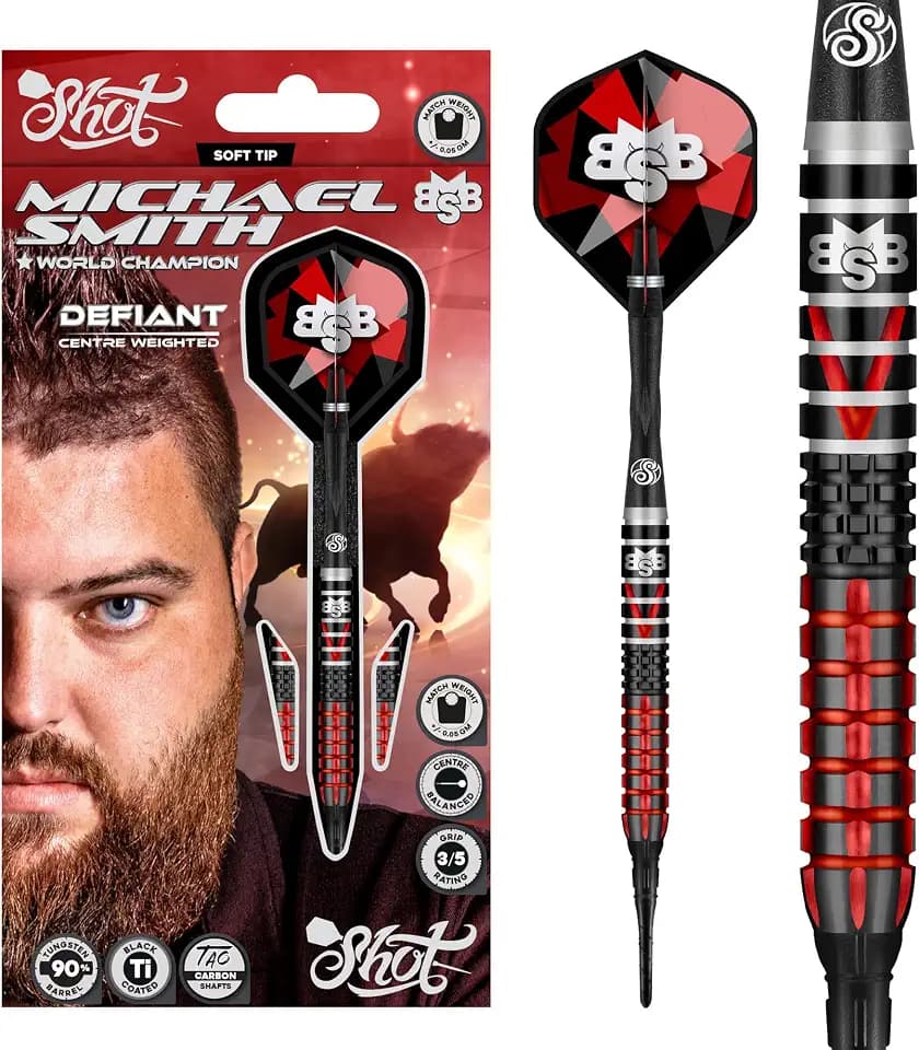 Shot! Darts Soft Tip, Michael Smith Defiant (18g / 20g), 90% Tungsten Barrel, Center Weighted, Handcrafted Professional Dart Set & Flights Made in New Zealand, Plastic Tip for Electronic Dartboard