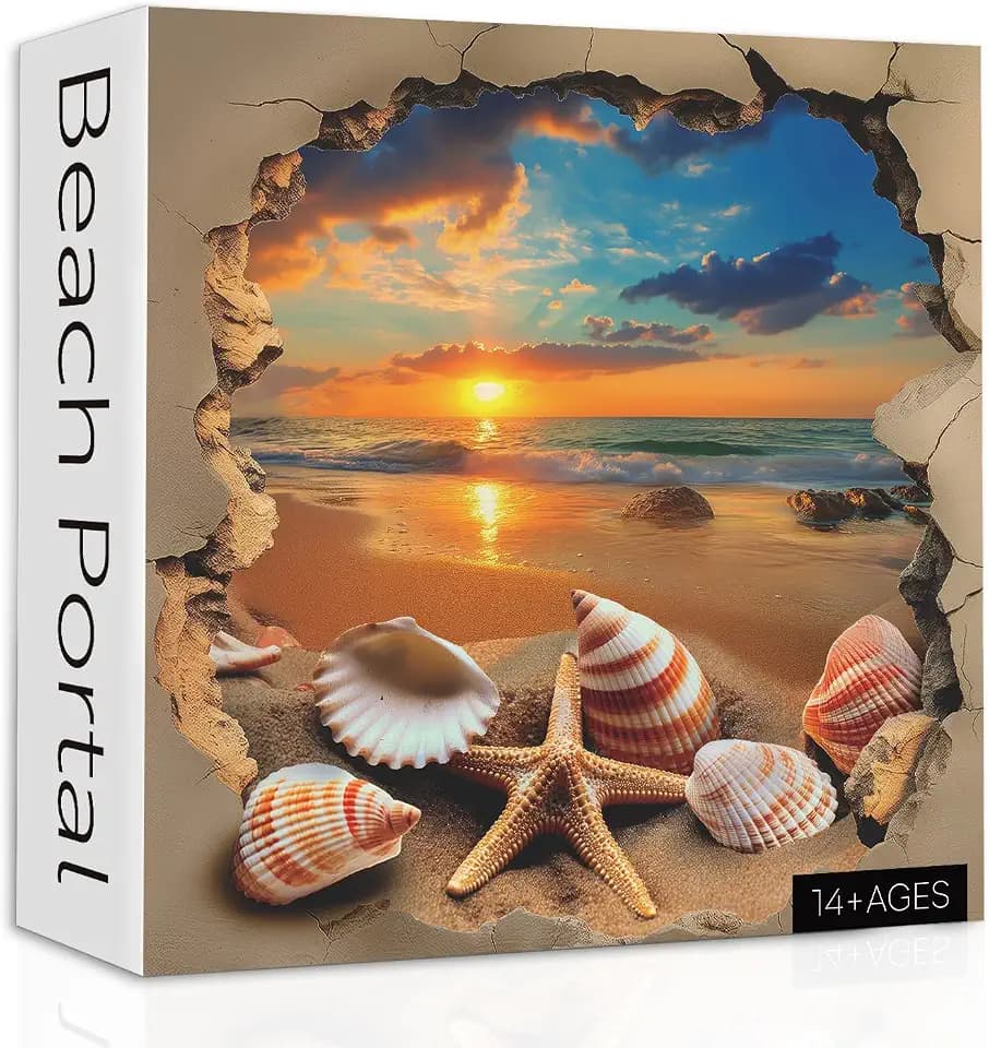 Beach Sunset Puzzles for Adults 1000 Pieces, Ocean Starfish Seashell Jigsaw Puzzles, Vintage Beach Shells Puzzle as Wall Decor
