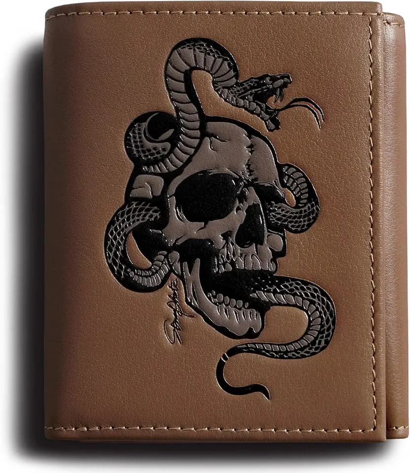 Small Trifold Wallets For Men Skull Mens Tri Fold Leather Wallet Brown Western Rfid Blocking Gifts For Him Husband (brown)