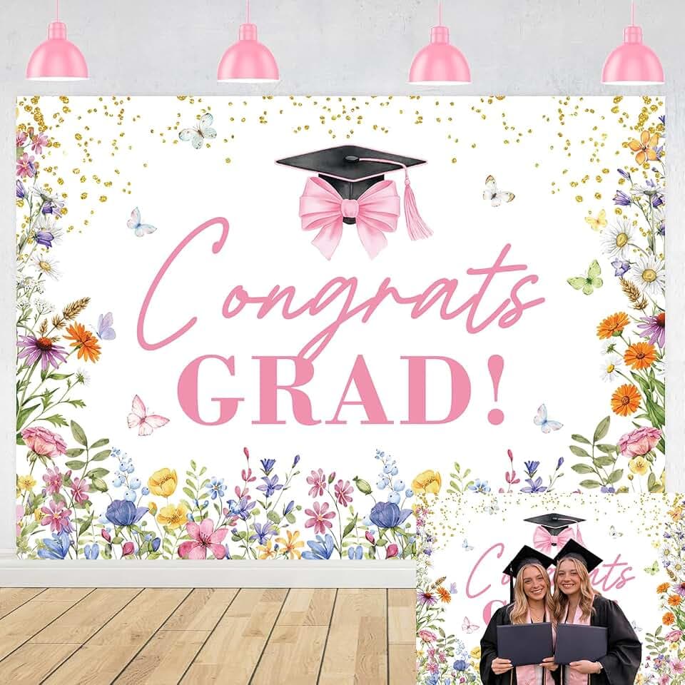 Wildflower Congrats Grad Backdrop Pink Bow 2026 Graduation Photography Background Graduation Party Decorations Class of 2026 Banner Photo Booth Props (7X5FT(82 x 59 inch))