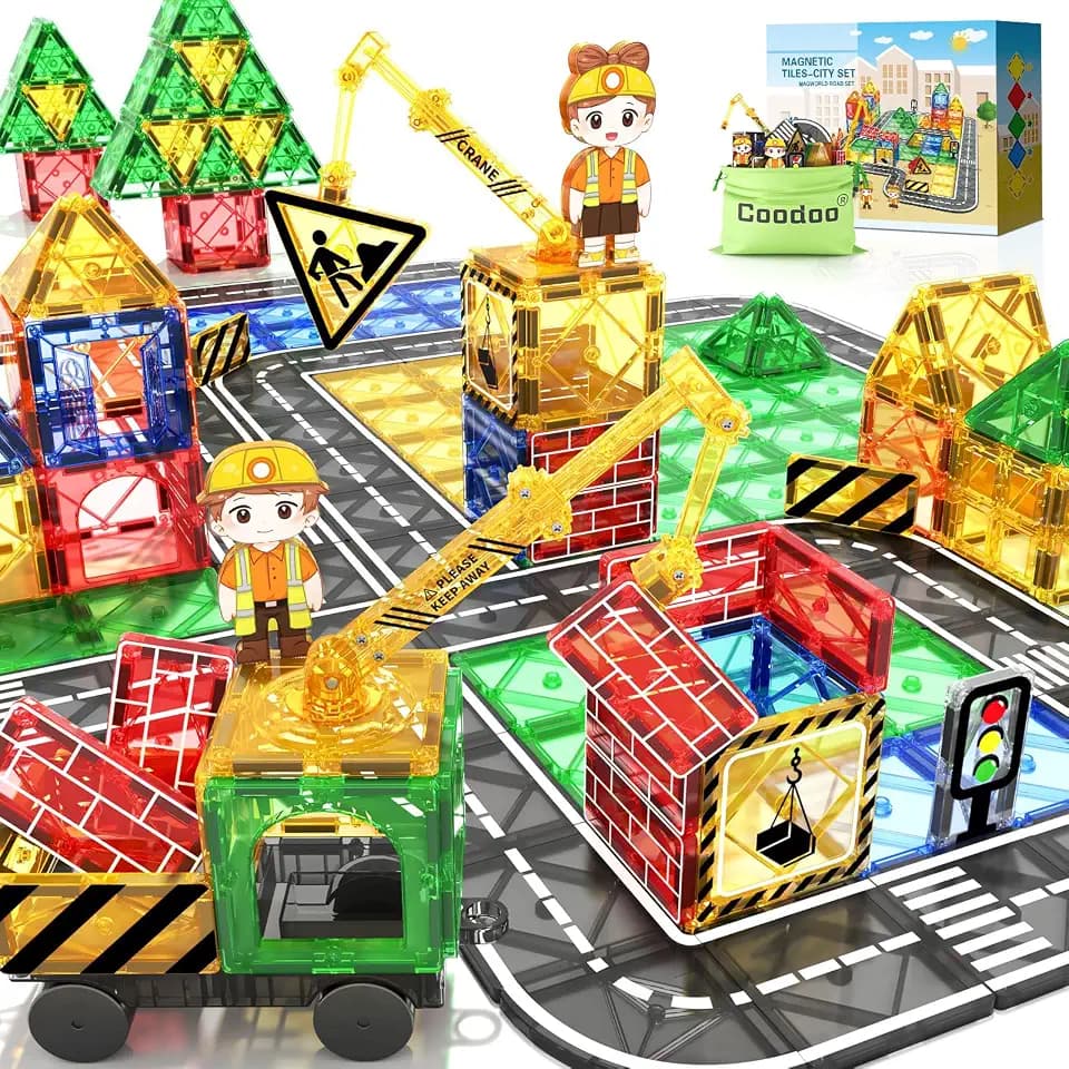 Kids Games Magnetic Tiles Road Set with Extendable Crane Magnetic Blocks
