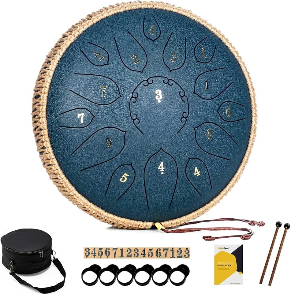MeloBeat Zungentrommel 12 Zoll 15 Töne - Professionelles Steel Tongue Drum Handpan Set in D Dur inkl. Zungentrommel Liederbuch, Schlagzeug Sticks und Trommel Tragetasche (Dunkelblau)