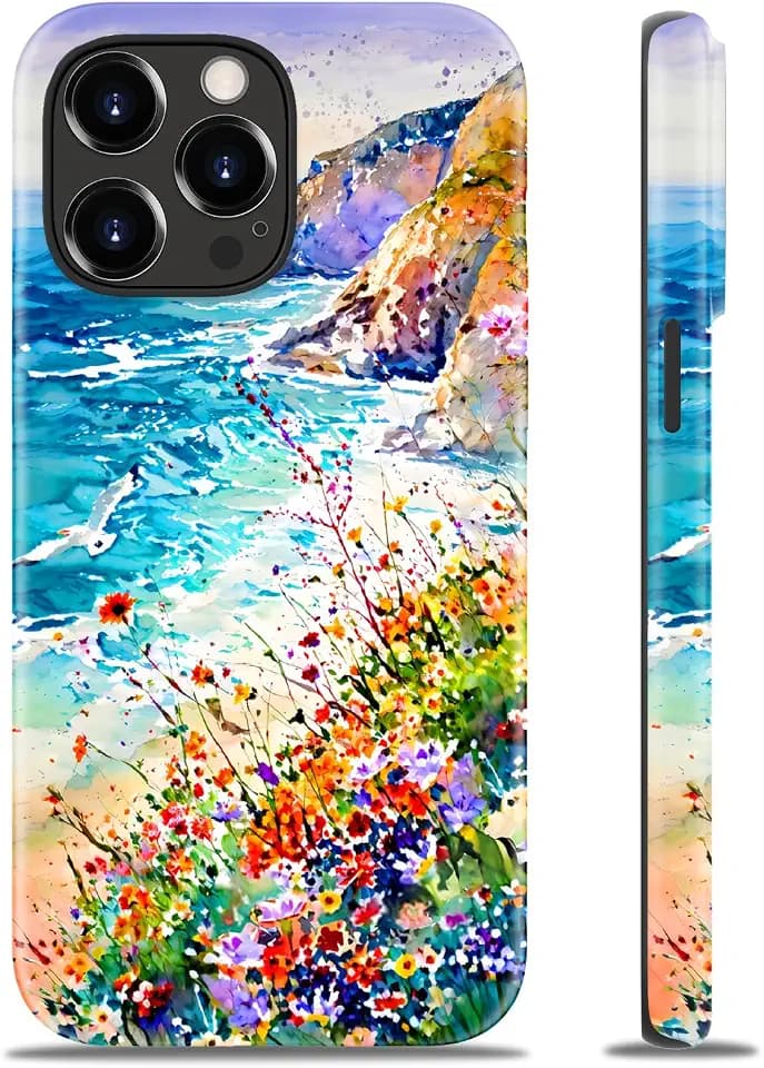 for iPhone 13 Pro Case Cute - Wireless Charging Compatible - Dual-Layer Hard Shell + Silicone Cover - Protective Phone Case Aesthetic Trendy Designs for Women - Beach Flower Painting