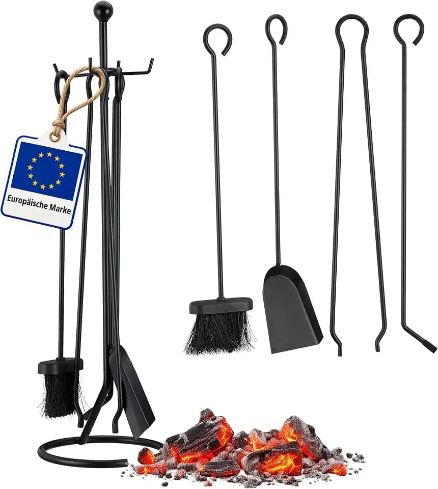 Relaxdays Kaminbesteck 5-teilig, Kamingarnitur zum Aufhängen, mit Schaufel, Besen, Schürhaken, Zange u. Halter, schwarz, 68 x 20 x 20 cm