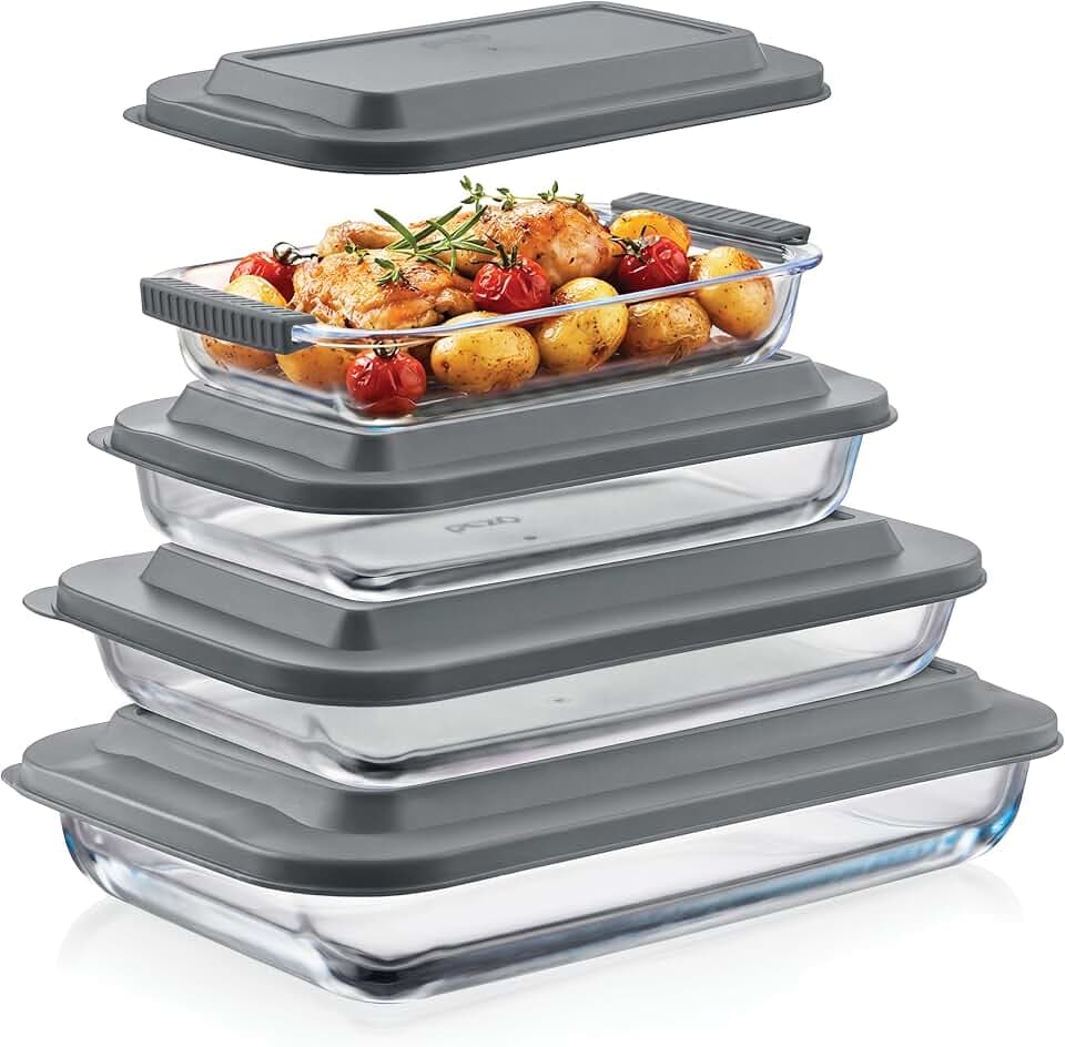 Pexo 8 Piece Glass Baking Dish Set with Plastic Lids, With Silicone Handles for Easy Grip (1.06QT, 1.69QT, 2.32QT, 3.17QT), Clear Glass Casserole Dishes for Oven, Airtight Lids, Glass Bakeware, Freezer, Oven, and Dishwasher safe (Gray)