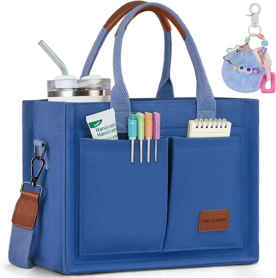 BECOJADDE Structured Canvas Tote Bag for Women, Multi-Compartment Zippered Purse for Work Bible Travel