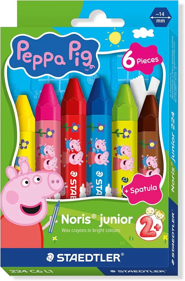 STAEDTLER Noris junior Wachsmalstifte Peppa Wutz 6er Set - Dicke Wachsmalkreiden für großflächiges Ausmalen und kreative Maltechniken - Ergonomische Wachsmaler für kleine Kinderhände