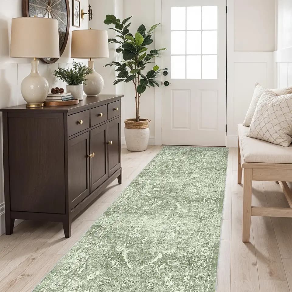 2'6"x8 Washable Runner Rug: Vintage Non-Slip Rug for Kitchen SageGreen