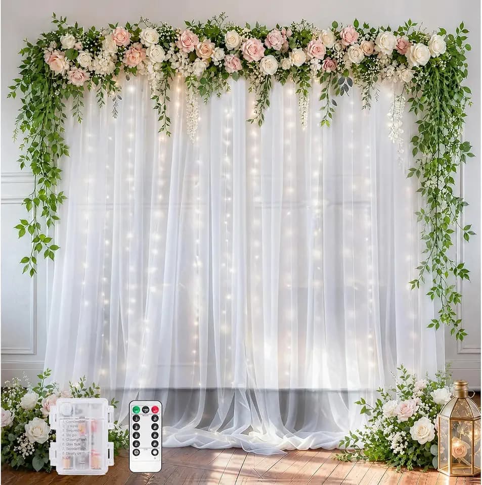 EMART White 10x10ft Tulle Backdrop Curtains with Lights String
