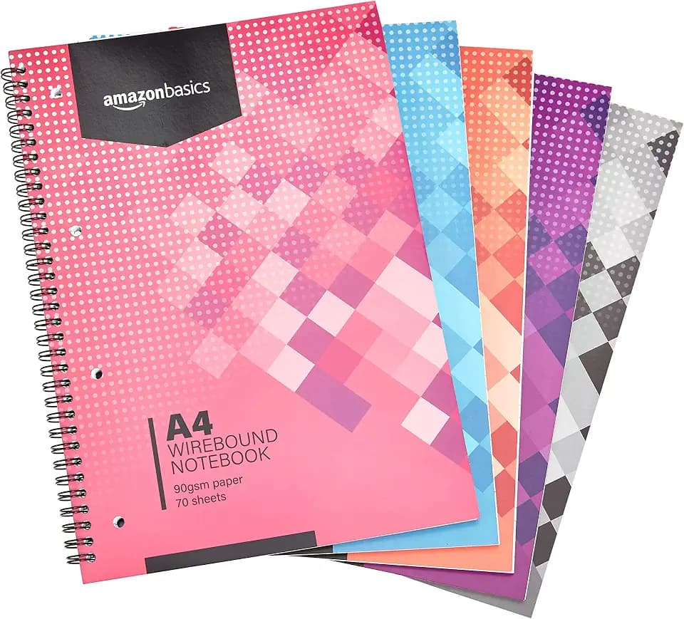 Amazon Basics Notizbuch mit Spiralbindung, 70 Blatt / 140 Seiten, A4, 90g/m², 5er-Pack, Verschiedene Farben