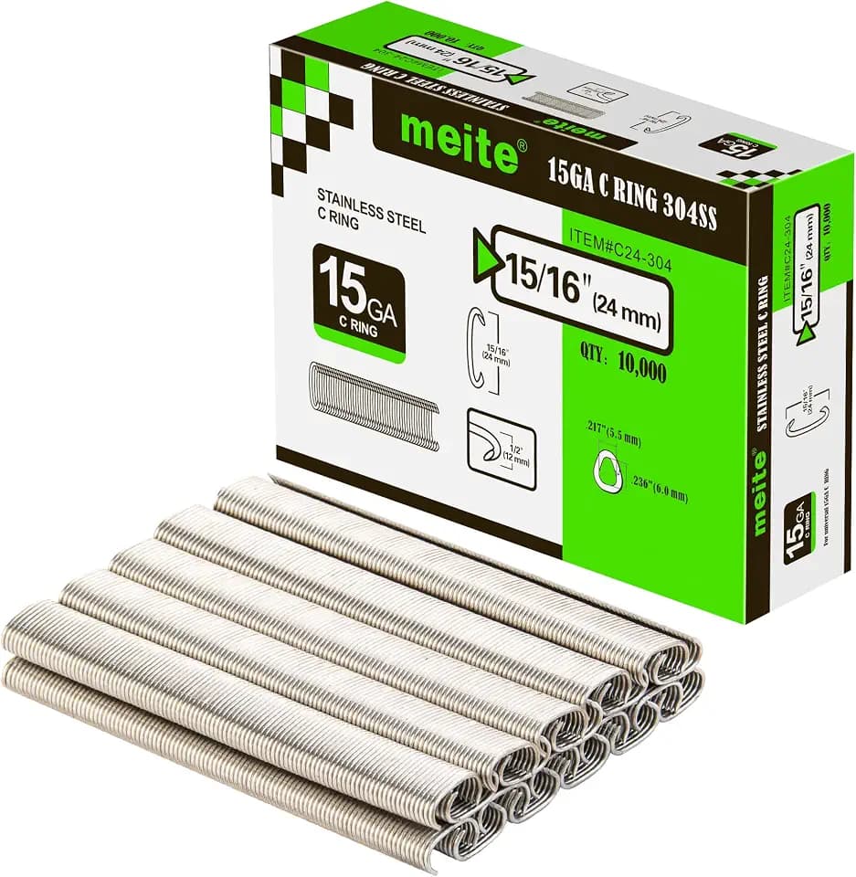 meite 15 Gauge 3/4" Hog Rings, 304 Stainless Steel Hog Ring Staples for SC7C Hog Ring Stapler, C Ring Staples for Construction Mesh, Livestock Fencing, Fishing Traps (10,000 Counts)