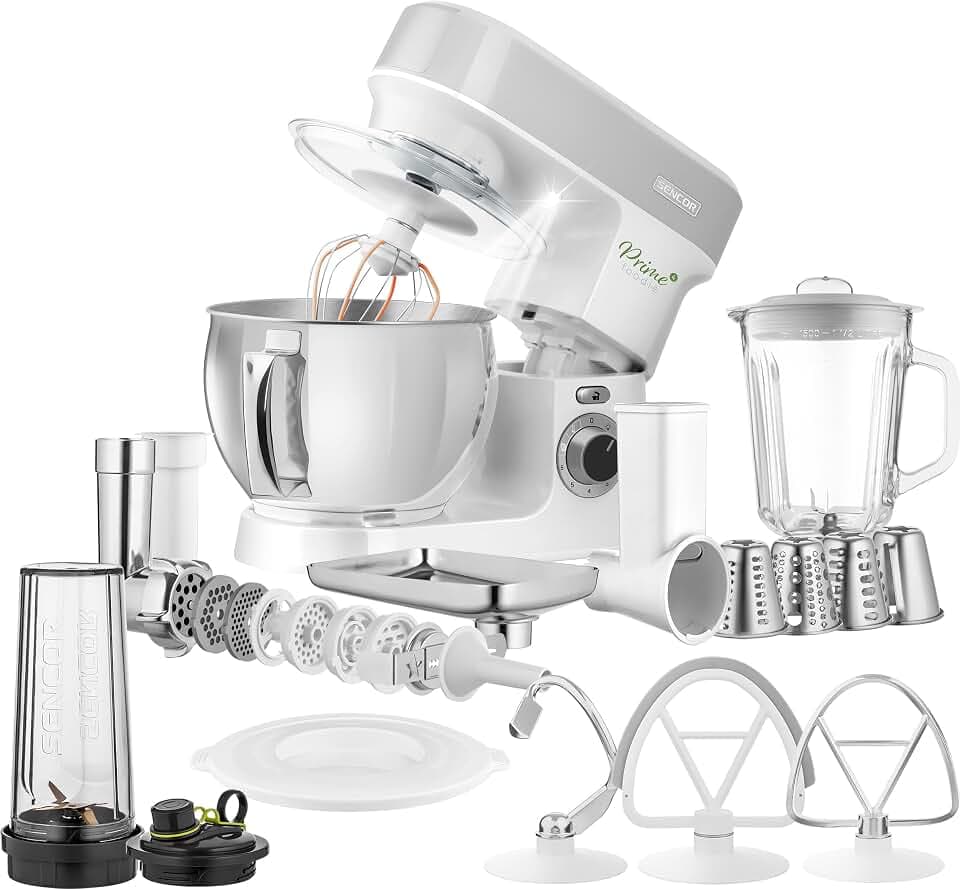 Sencor Multifunktions-Küchenmaschine Überausgestattet, Leistungsstarker 1200W, Komplettes Zubehör, Große 5L Edelstahlschüssel, LED-Beleuchtung, Blender, Fleischwolf, Keksmaschine und Magnetdeckel