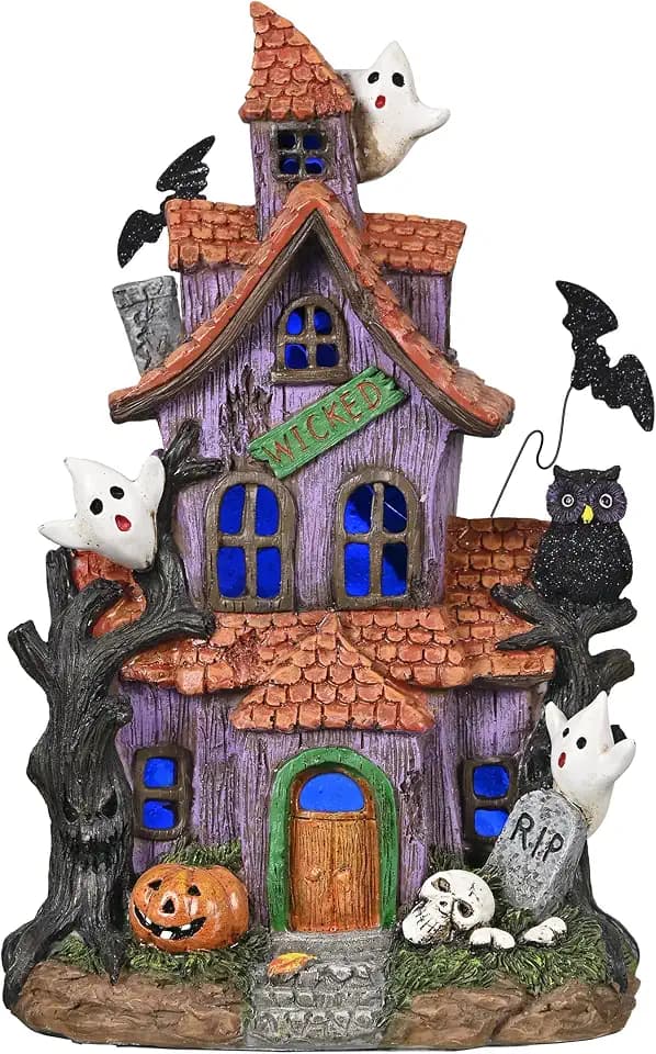 Valery Madelyn Halloween Decorations, Lighted Halloween Village Houses with LED Lights, Resin Spooky Town Happy Haunted House for Home and Party Table Desk Mantel, 12 Inch