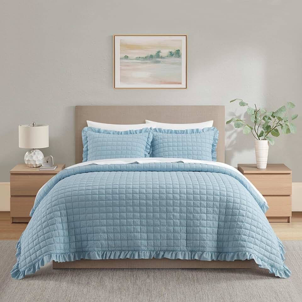 Chic Home Revel Queen Quilt Set 3-Piece Diamond Stitched Lightweight Coverlet with 2 Pillow Shams, Blue