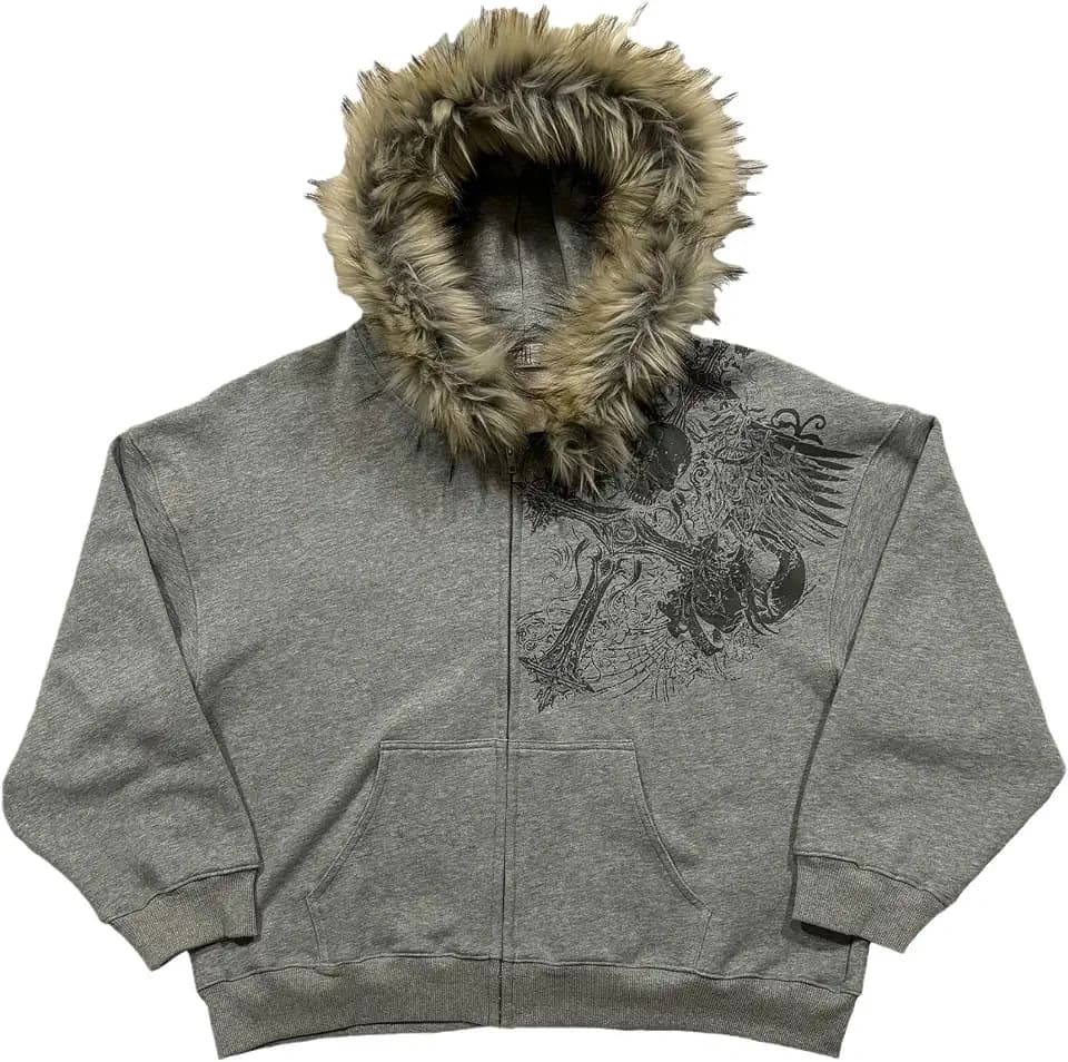 Men's Fur Zip Up Fashion Hoodies Oversize Sweatshirts Y2k Emo Jacket Graphic Vintage Scene Goth Grunge Clothes