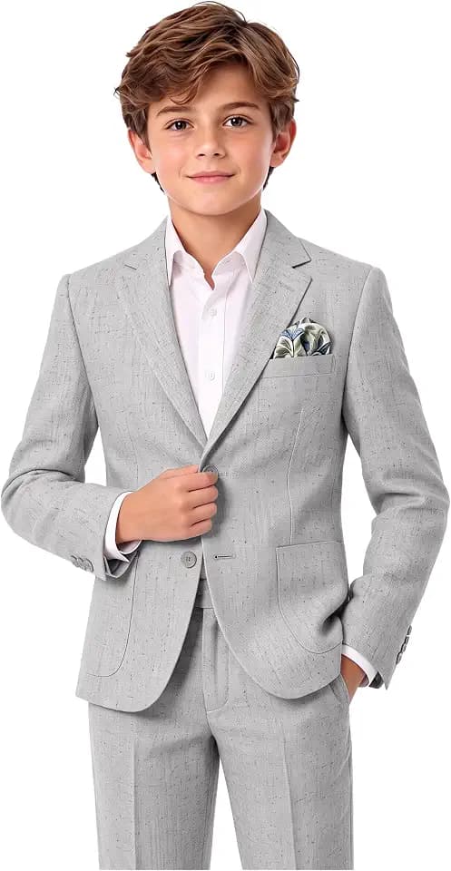 Boys Linen Suits for Boy Slim Fit 2 Piece Set Jacket Pants Wedding Outfit