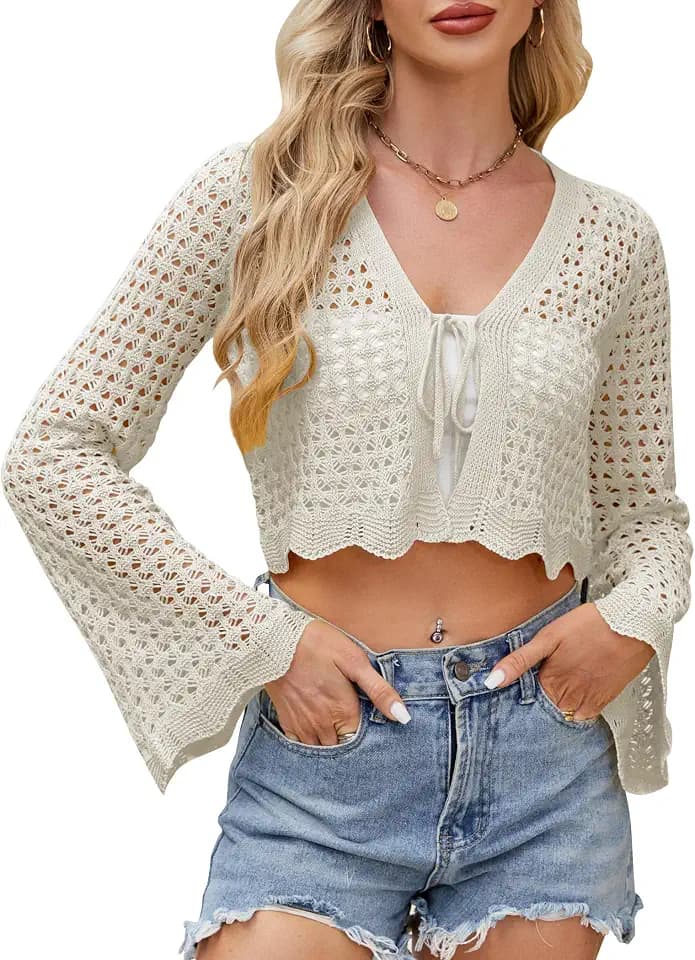 Women's Crochet Tie Front Cardigan Cropped Knit Bolero Shrug Bell Sleeve