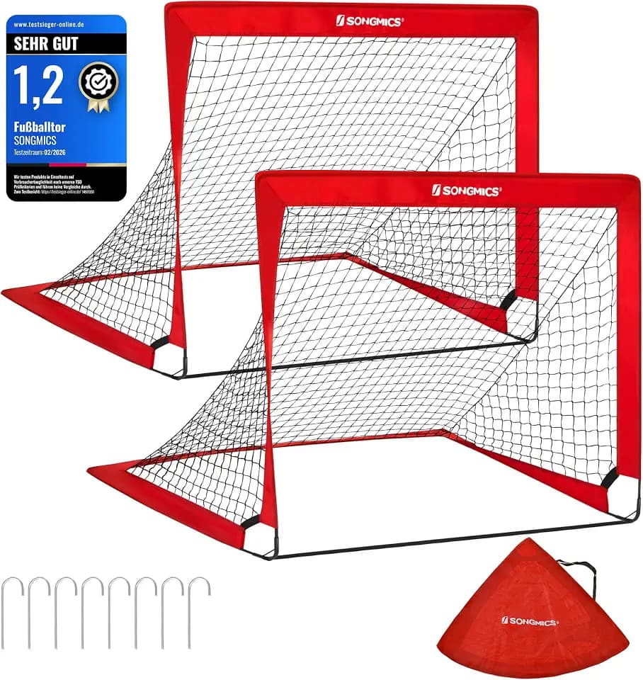 SONGMICS Fußballtor Kinder, 2er Set, Pop-up Tor, 90 x 120 x 90 cm, schneller Aufbau, für Garten, Park, Strand, Haltestangen aus Glasfaserstäben, Oxford-Gewebe und Polyesternetz