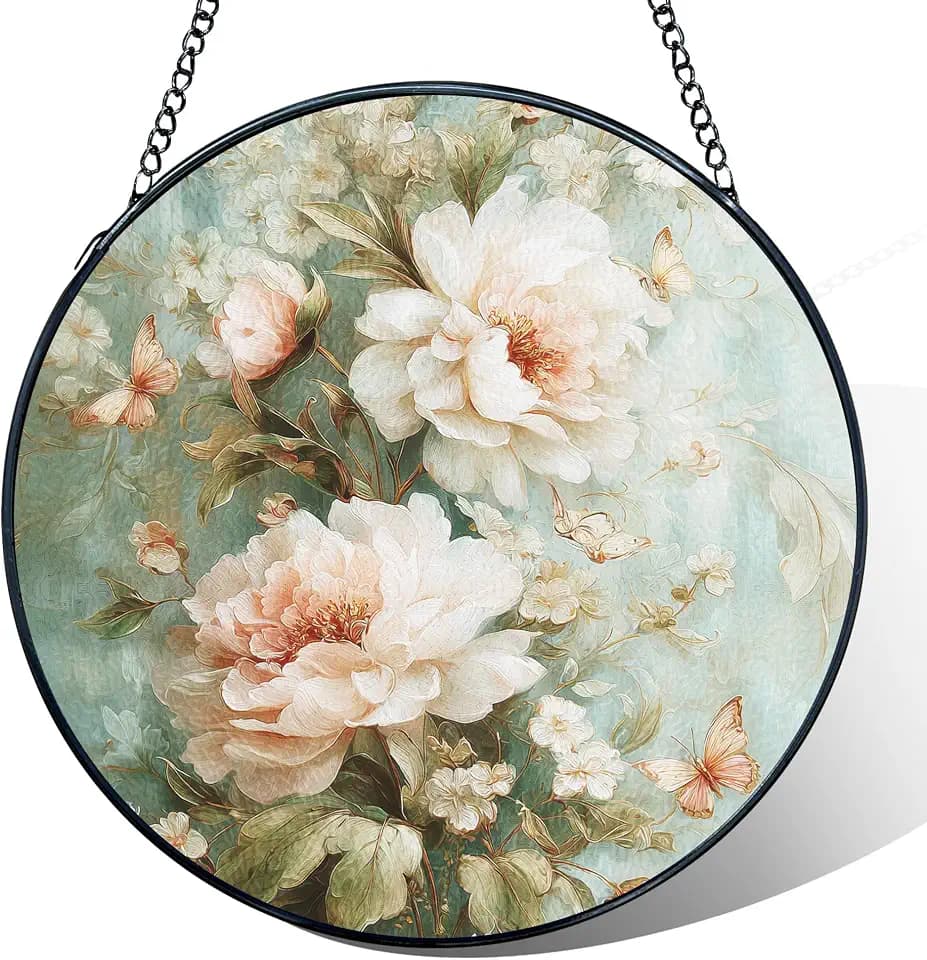 Pink Peony Flower Stained Glass Window Hanging, Chinoiserie Peony Floral Suncatchers, Elegant Flower Botanical Sun Catchers Indoor Window Glass Wall Art Hanging Decorations, 7.9x7.9in