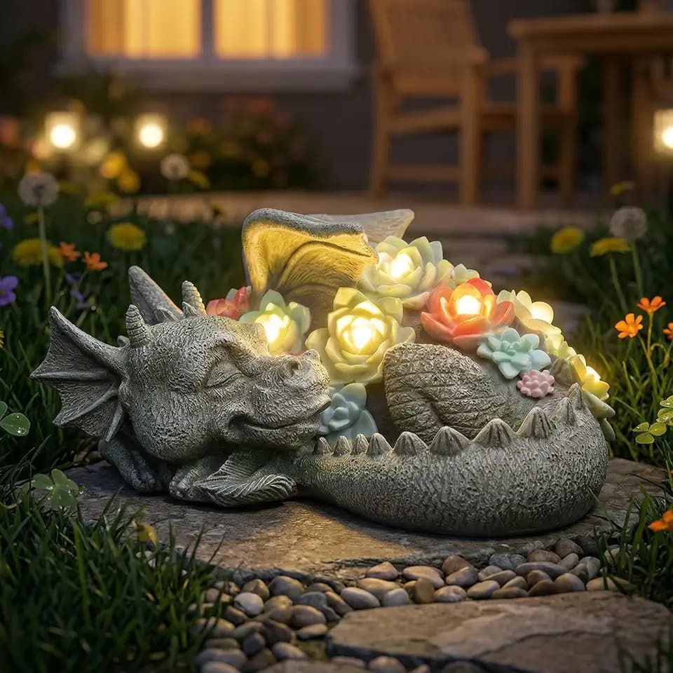 Solar Dragon Garden Statue, Sleeping Dragon with Solar Light Succulent