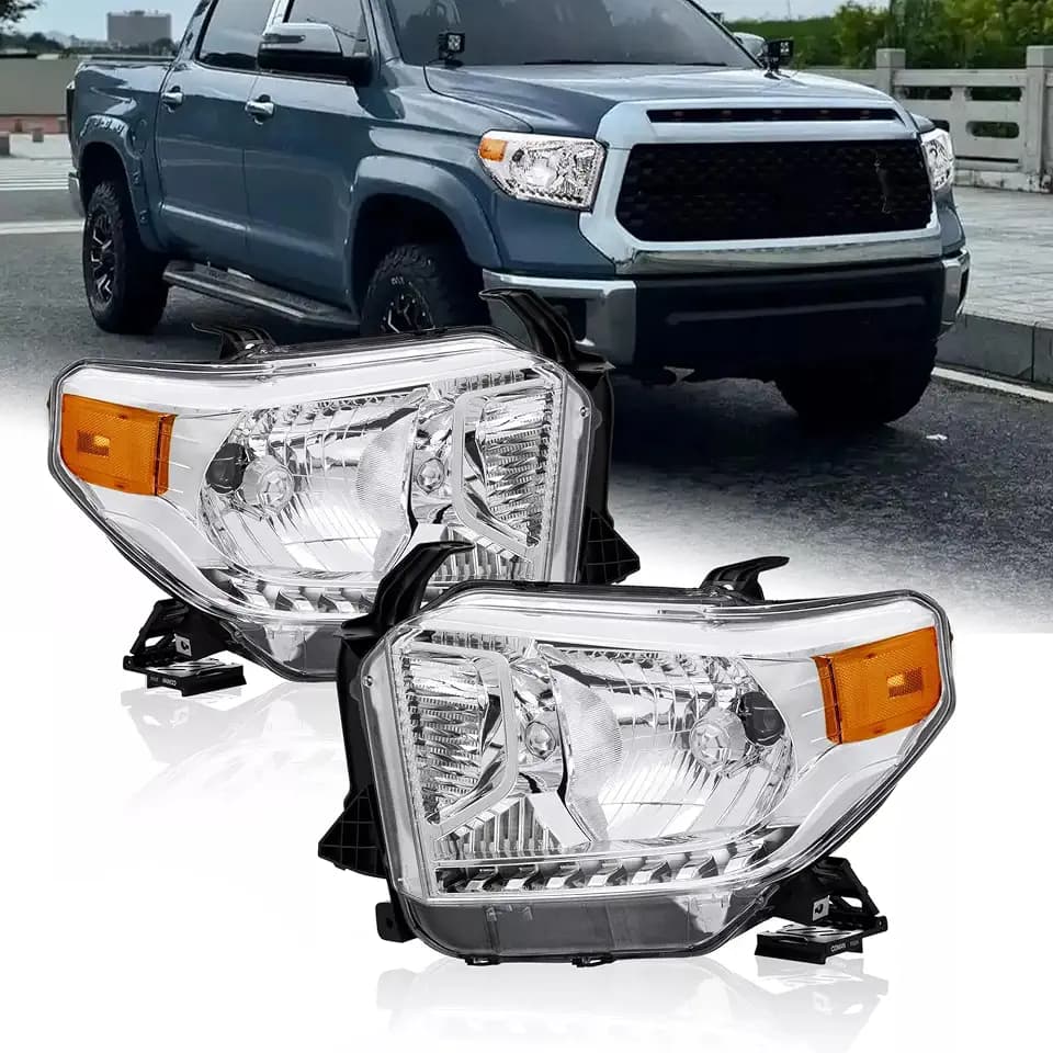MOSTPLUS Headlight Assembly Compatible for 2014-2021 Toyota Tundra (Excl. Models with Led strips/Adjustable Leveling Dial) Front Lamp Chrome Housing Clear Lens Amber Corner (set of 2)