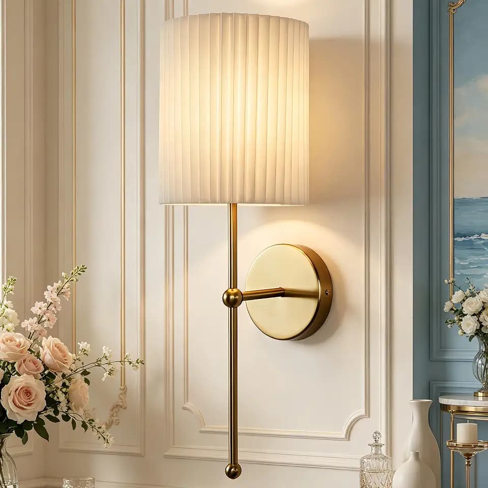 Elegance Pleated Linen Wall Sconce, Industrial Vintage Bedside Nightstand Light, Wall Mounted Lamp Fixture for Hallway, Bedroom, Living Room, Vanity