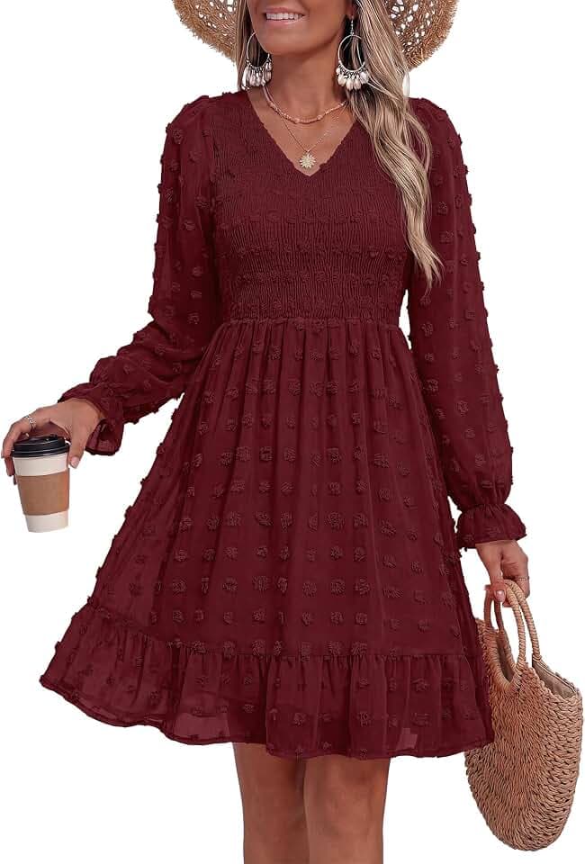 BTFBM Women's Swiss Dot Flowy Long Sleeve Dress
