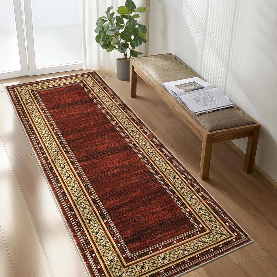 Area Rug 2x6 Laundry Runner, Washable Modern Hallway Runner Geometric Bordered Throw Kitchen Mat, Soft Non Slip Indoor Contemporary Mat for Bathroom, Low Pile Ultra Thin Entryway Mat, Red