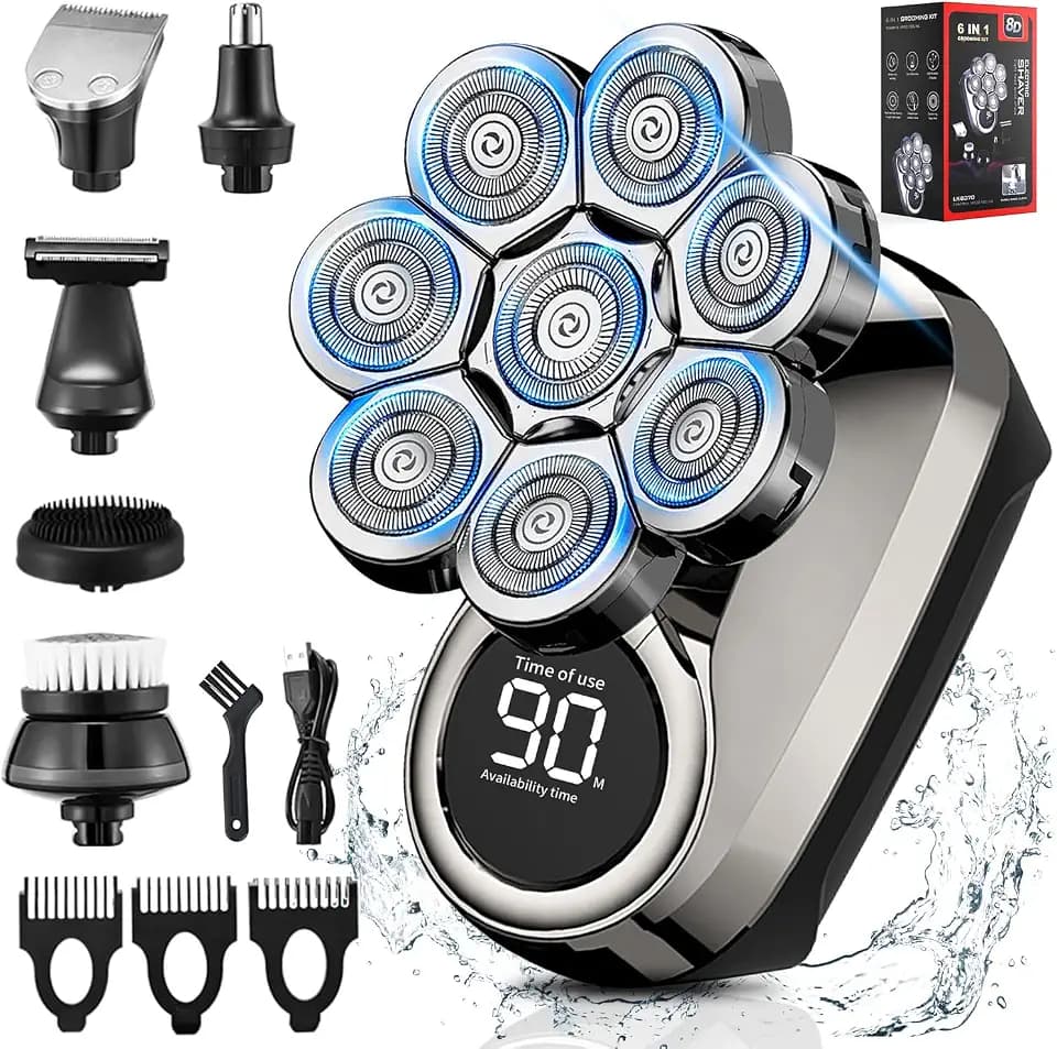Glatzen Rasierer Herren, 8D Aufgerüsteter 6-in-1 Glatzen Rasierer Herren für 0,0 mm, wasserdichter Nass-/Trockenrasierer Herren elektrisch, kabelloser wiederaufladbarer Kopf Rasierer Herren
